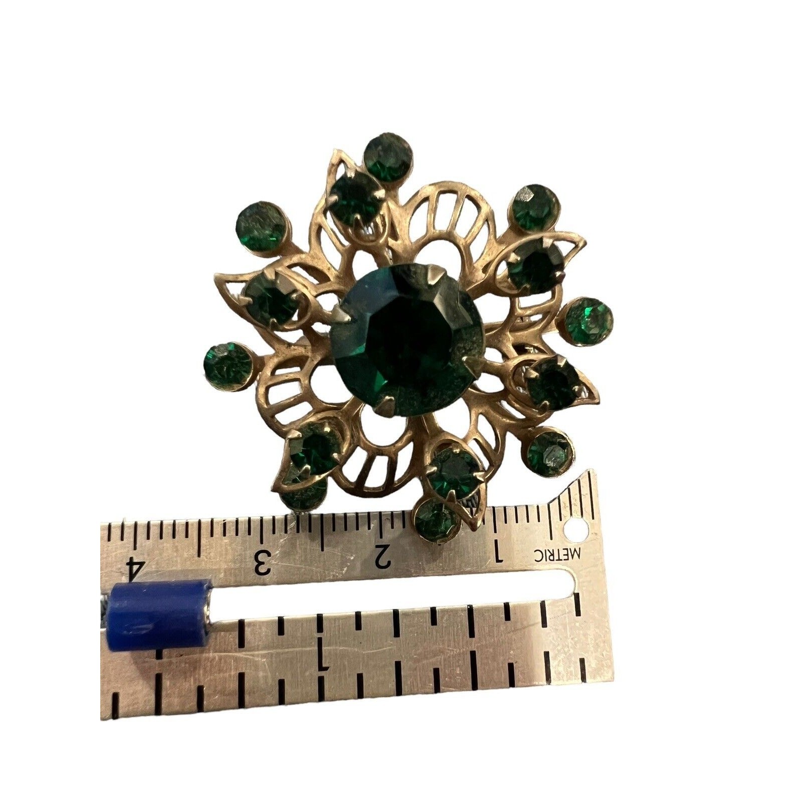 Rhinestone Faux Emerald Ruby Flower Gold Tone BROOCH Pin Vtg Jewelry Set Of 2