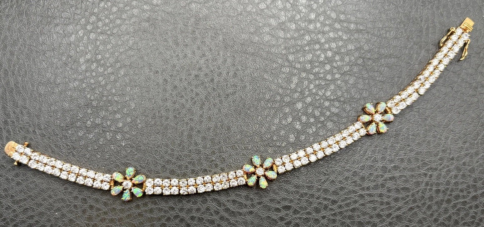 VTG Vermeil Sterling Silver 925 Opal & CZ Tennis Flower Boho Bracelet Floral 8”
