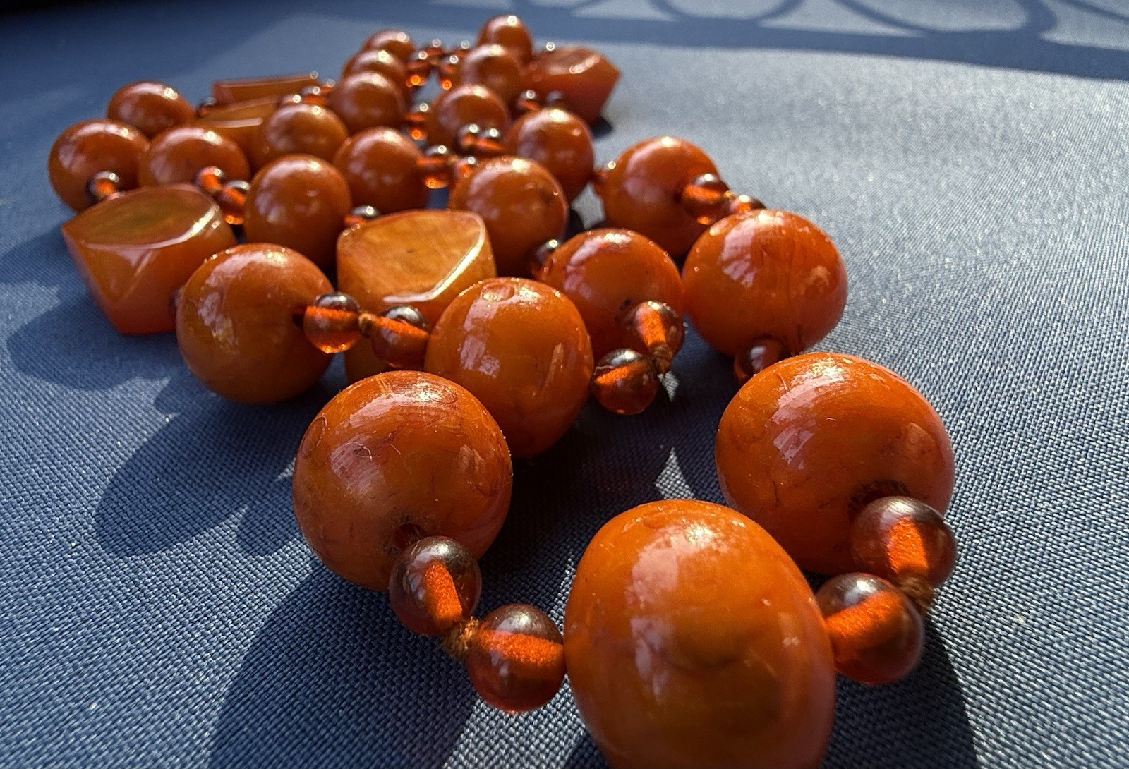 Vintage 100g Cherry Orange Catalin Bakelite Art Deco Mixed Bead Necklace 31”