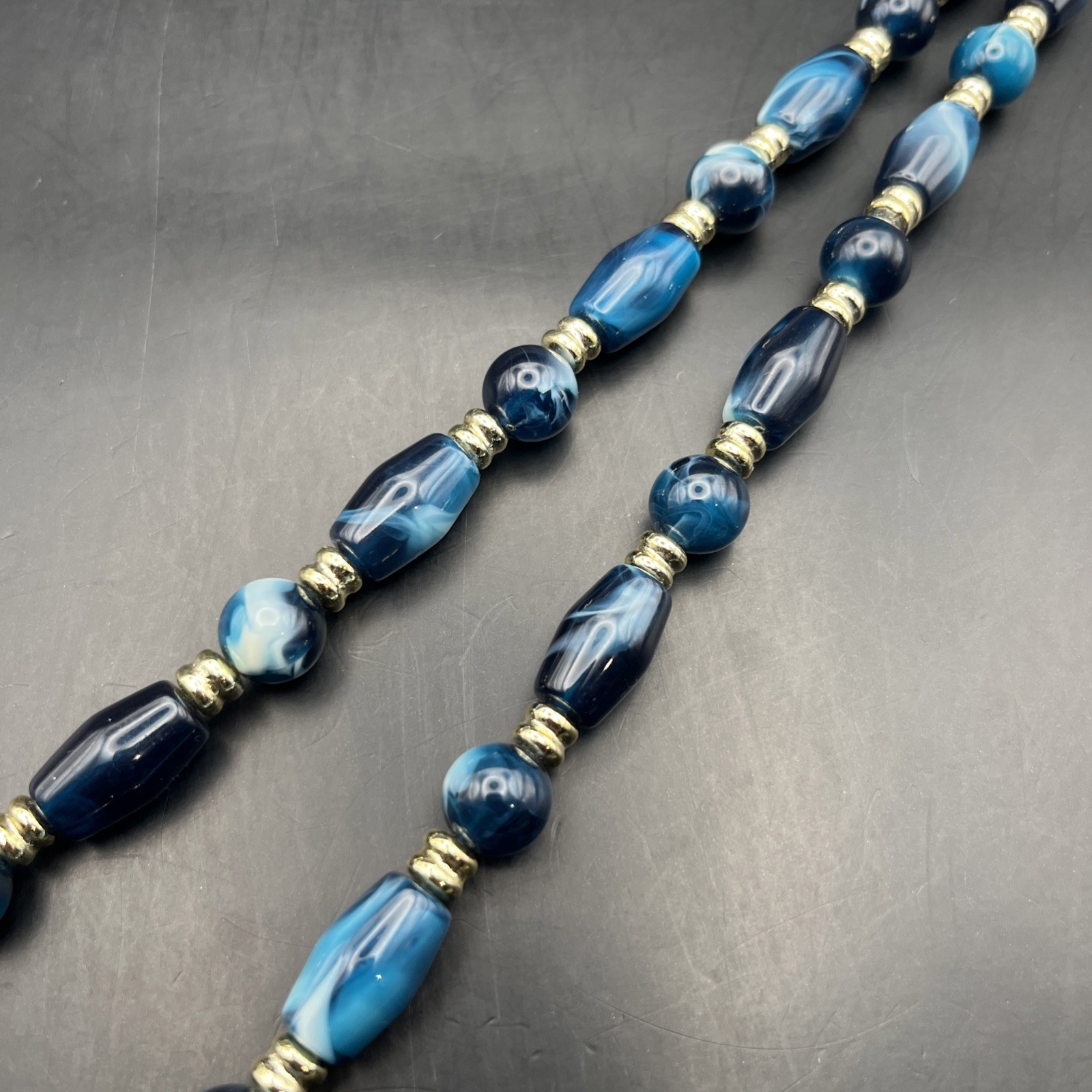 Dark Teal Blue Plastic Bead Necklace Long Gold Tone Abstract 25 In Bold Vintage
