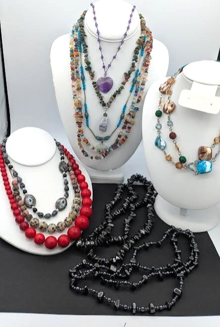 Gemstone Necklace Lot 10 Pc Chunky Beaded Statement Multi Strand Bundle