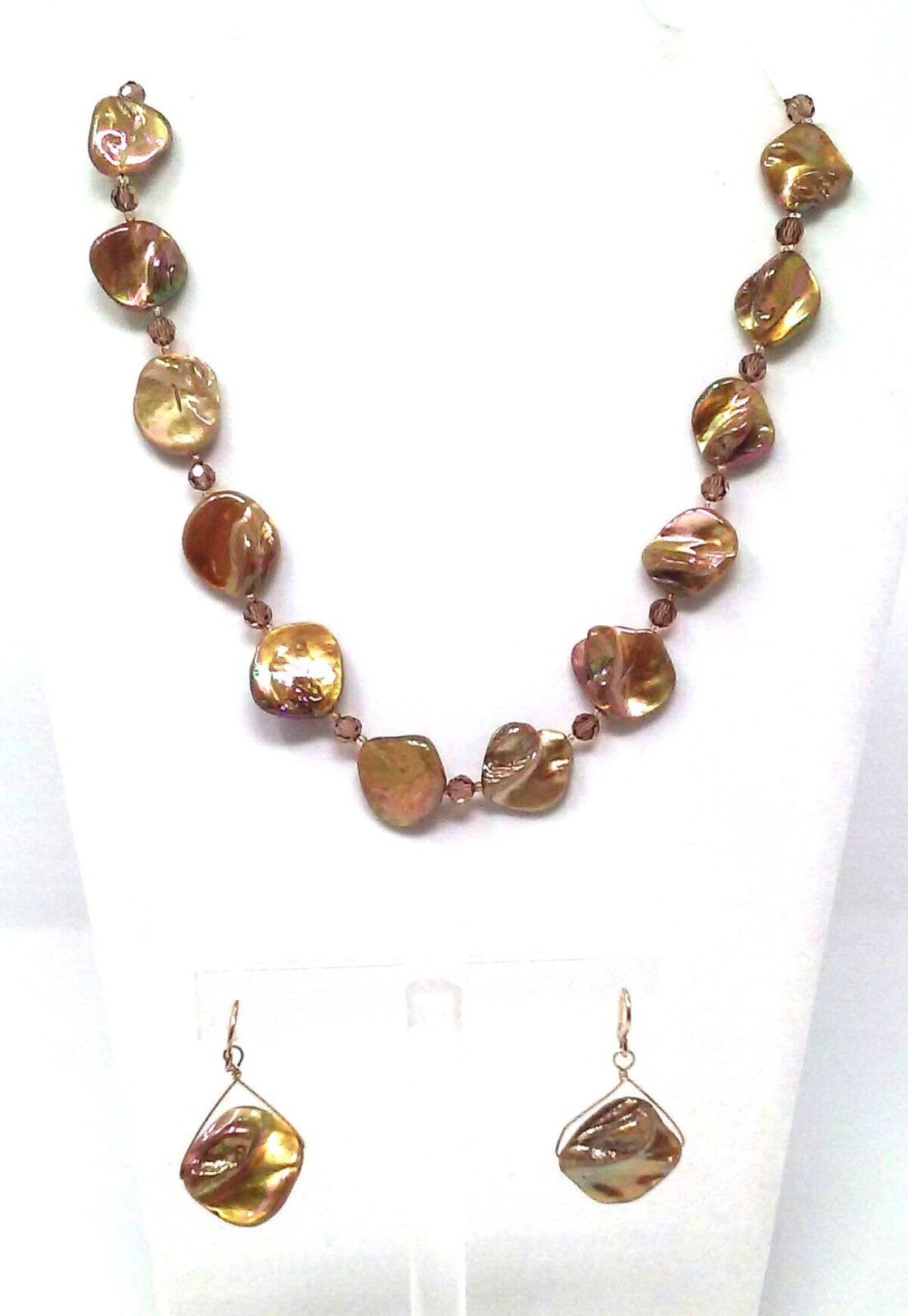 Vtg Golden Brown Dyed Mother of Pearl Boho Choker Necklace with Topaz Crystals