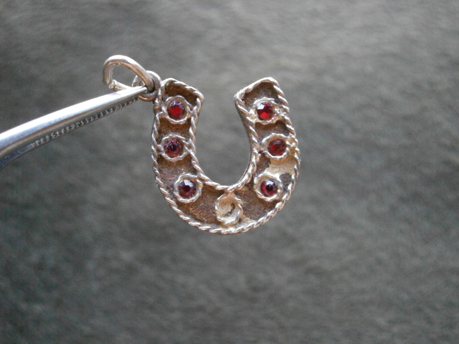 Lucky Horseshoe Red Stones Vintage Sterling Silver Bracelet Charm Pendant ~ FLAW