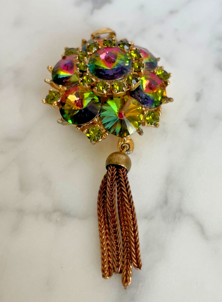 Edlee- Vintage Rhinestone Watermelon Helitrope Necklace Pendant-Signed- G79