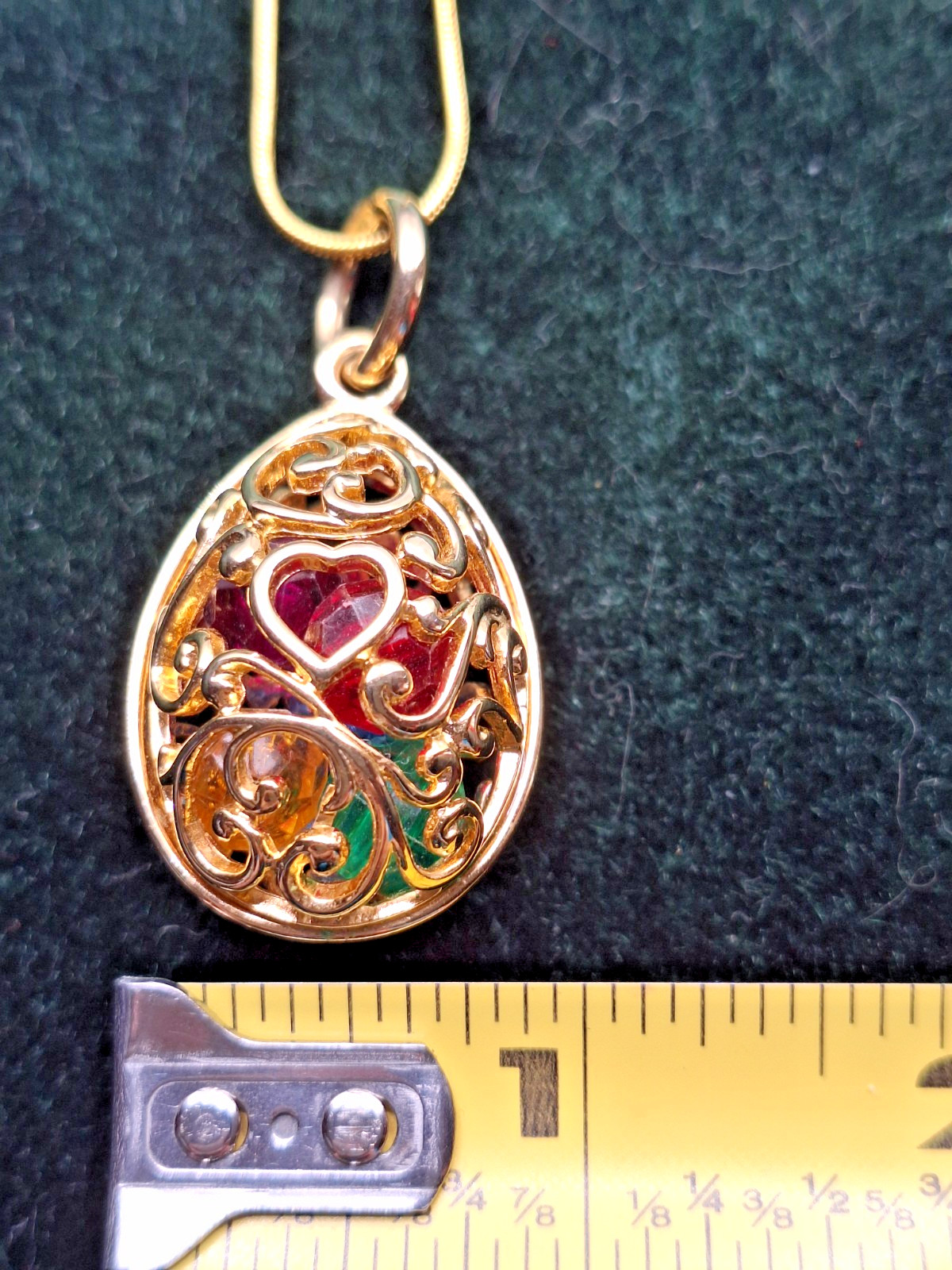 Vtg Joan Rivers Multicolor Crystal Gold-tone Filligree Egg Pendant 18KGP Chain