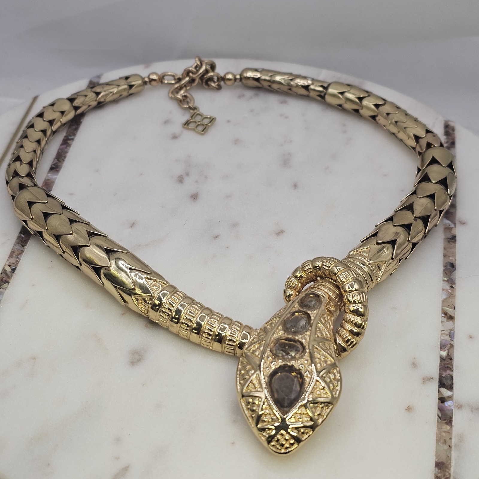 Vintage BCBG Max Azria Gold Tone Snake Collar Necklace Cobra Head Serpent Design
