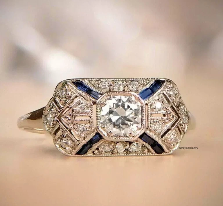 Art Deco European Style 2Ct Lab Created Diamonds Wedding 14K White Gold FN Ring