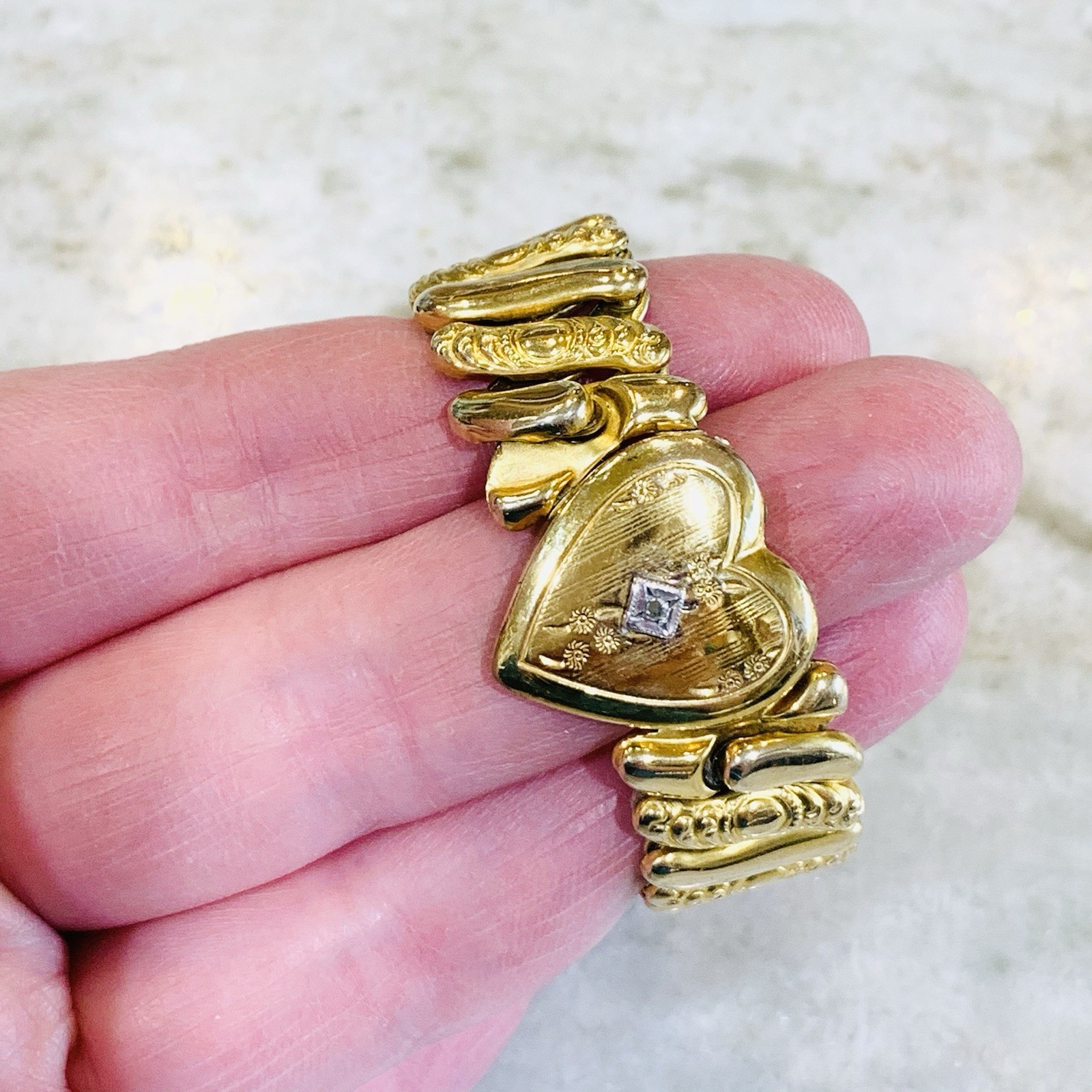 VTG Sweetheart Bracelet Diamond Expansion WWII Gold Filled Heart 20.31gr 6-7.5”