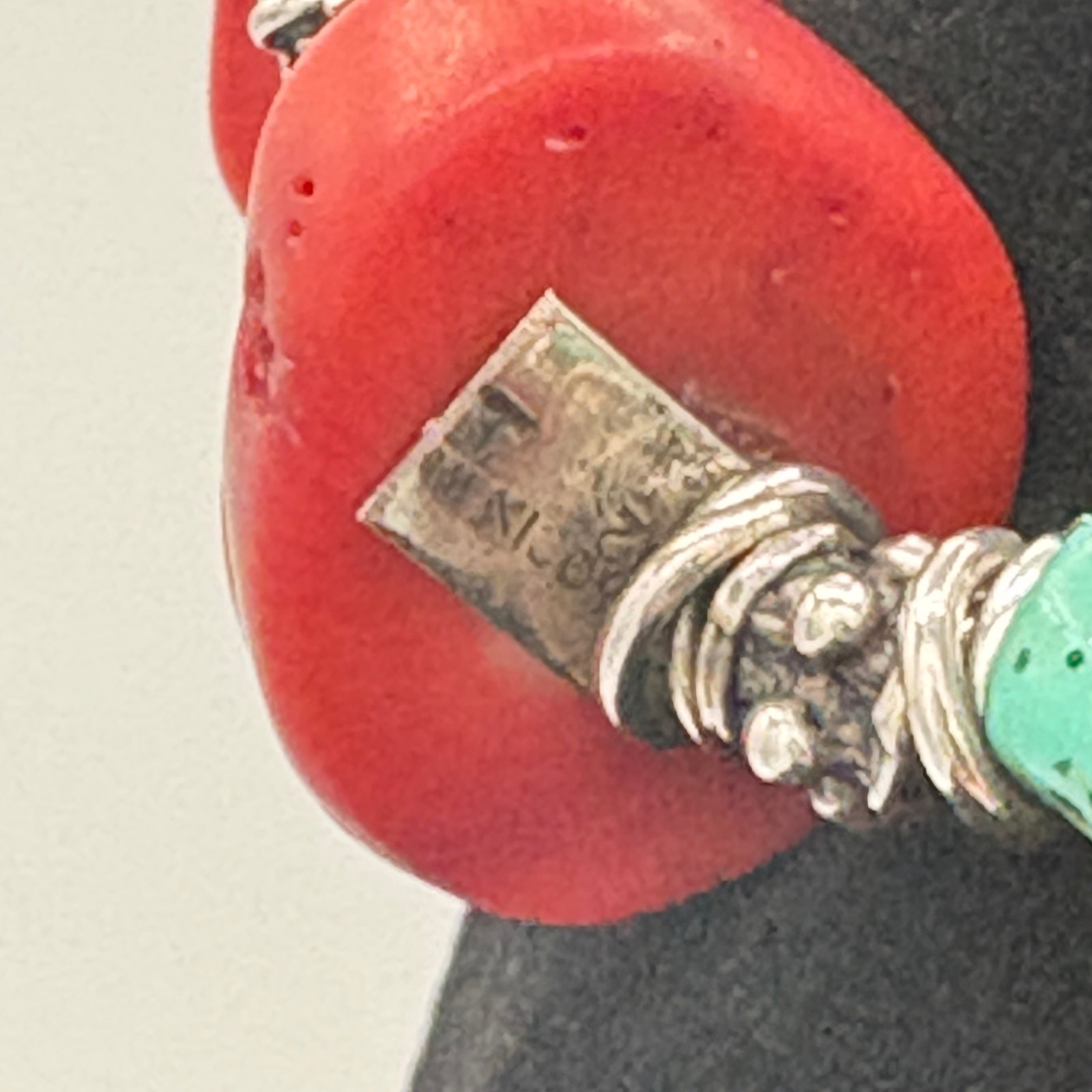 Artisan Bamboo Coral & Composite Turquoise Necklace with Sterling Silver Accents