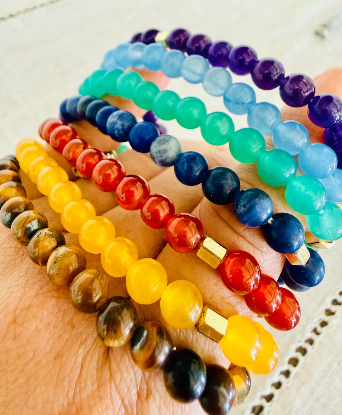 Natural Gemstone Bracelet Set Tiger Eye Amethyst Carnelia Jade Lapis