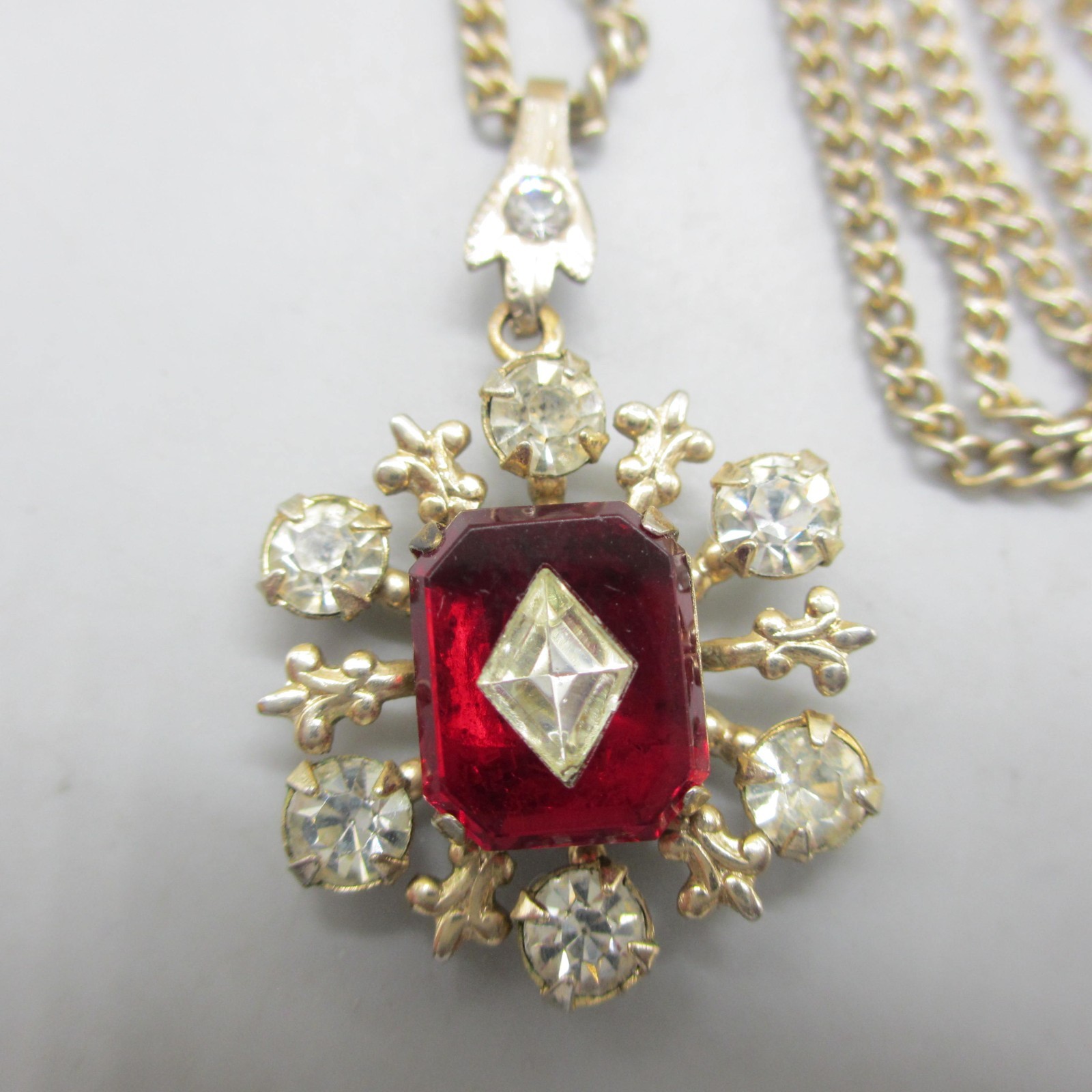 Vintage Rhinestone Pendant Necklace Red Clear Dainty Gold Tone 19 Inch