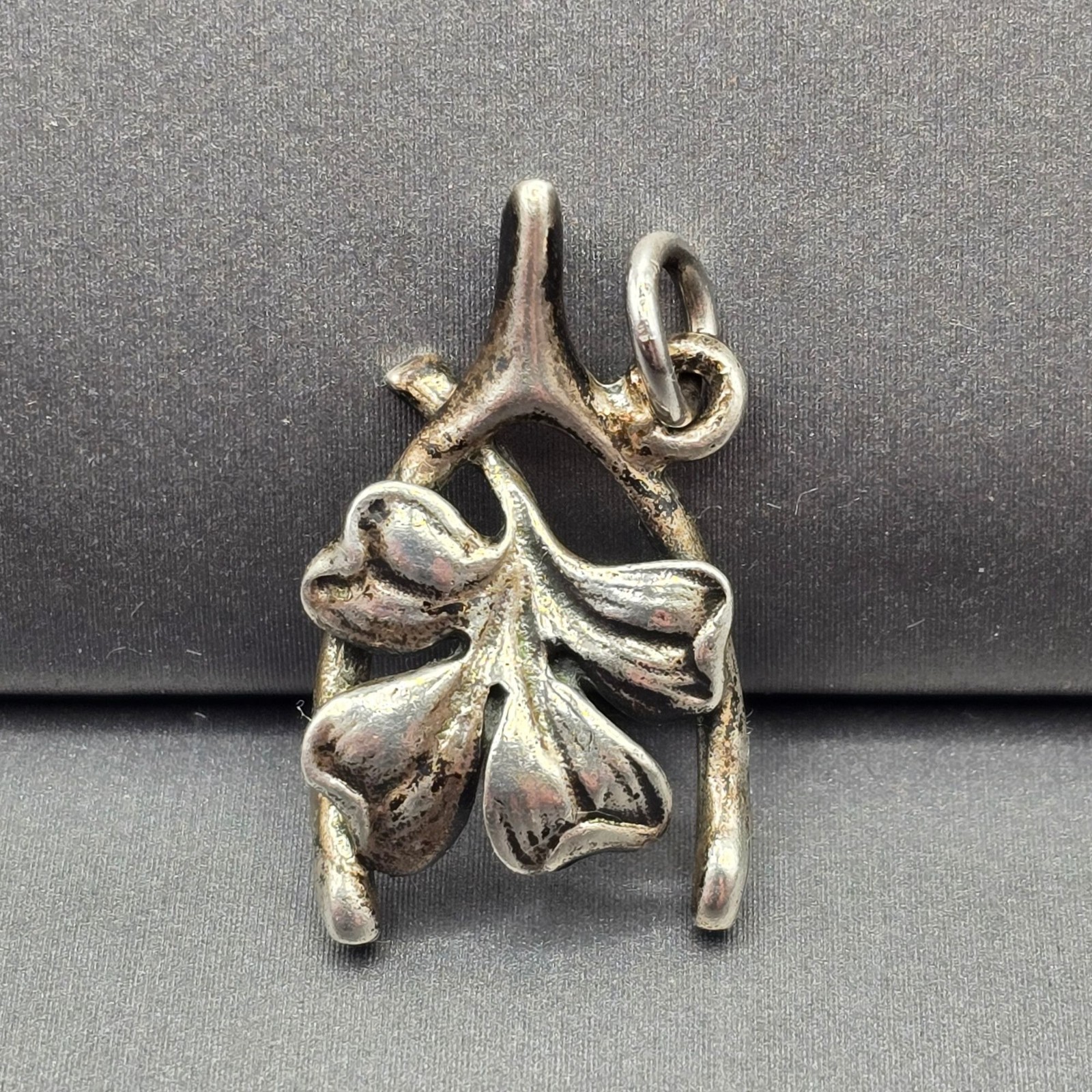 Vintage Sterling Silver Wishbone Clover Pendant Lucky Charm Antique Finish