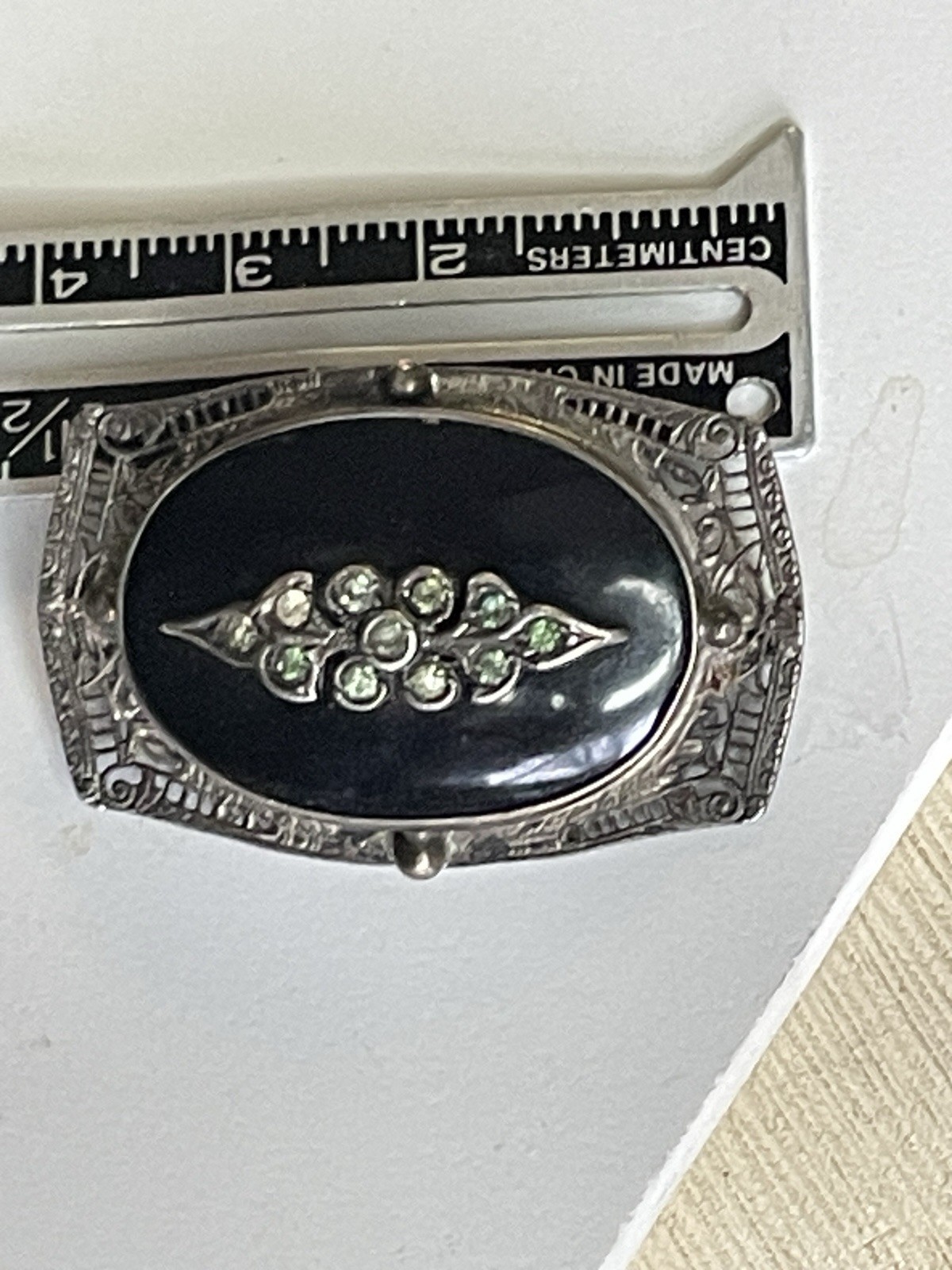 Victorian Revival Art Deco Mourning Brooch Sterling Silver Onyx glass Crystals