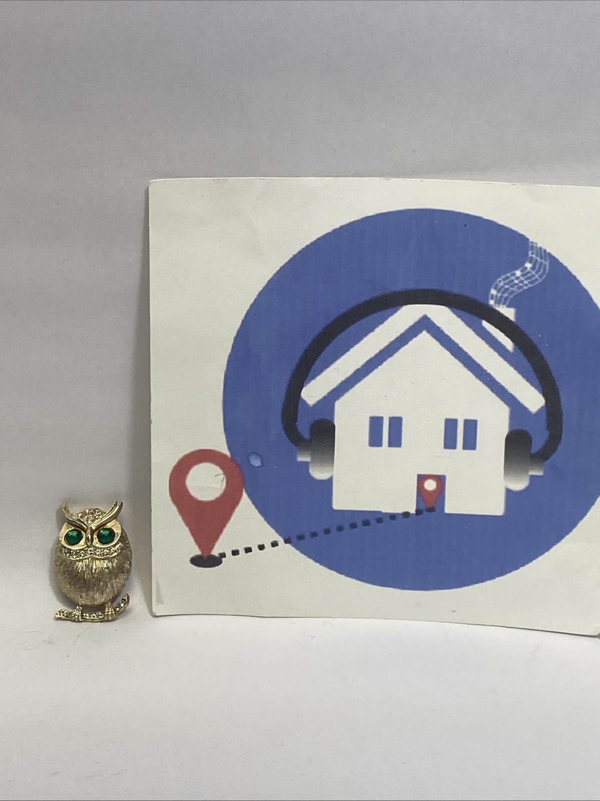 Vintage Gold-Tone Owl Brooch Pin with Green Glass Eyes Clear Rhinestone Accents