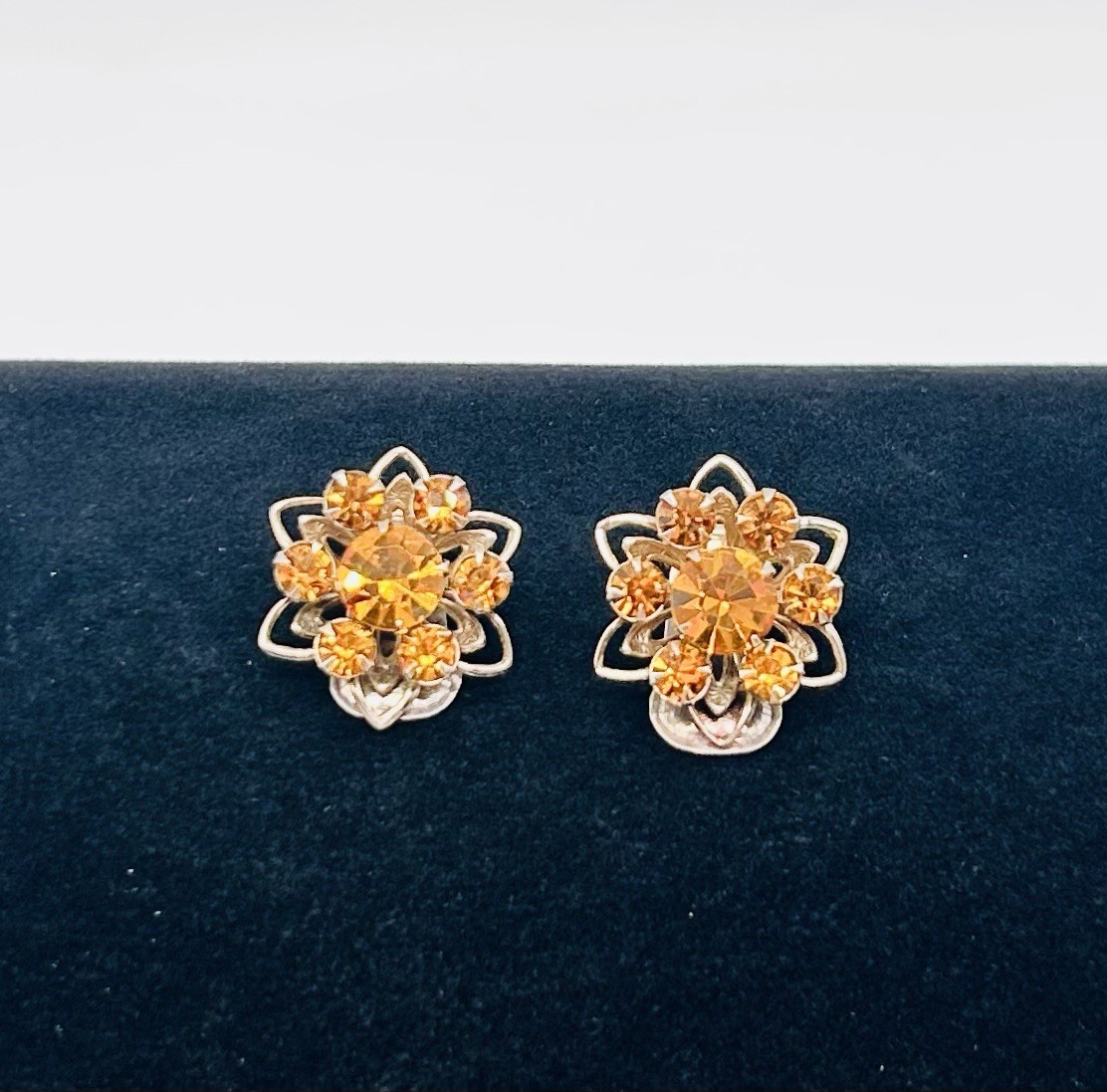 Vtg -1950s-ORANGE AMBER-Rhinestone-BRACELET and Floral EARRINGS SET-Gold Tone