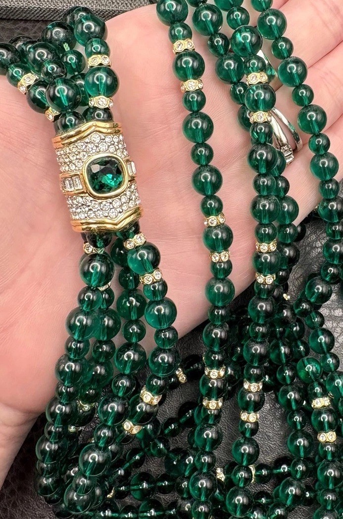 RARE SWAROVSKI VTG Multi Strand Green Crystal Glass Beaded Mogul Necklace 36”