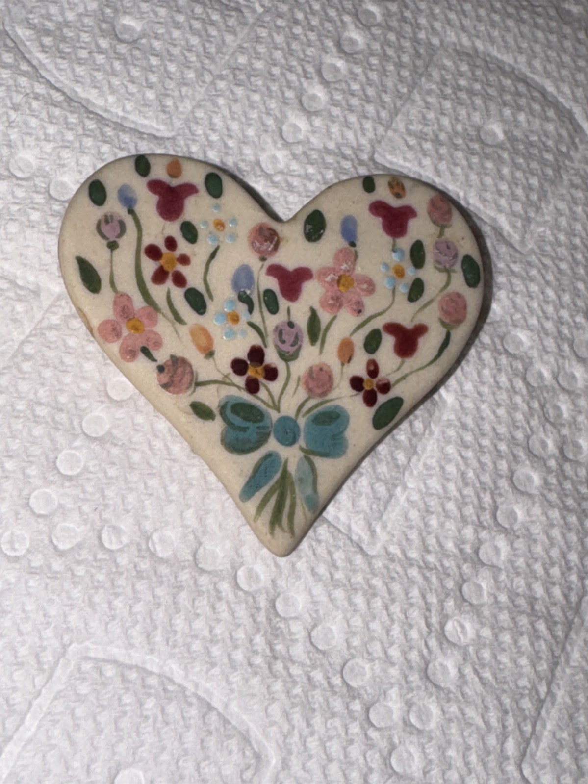 Beautiful Hand Painted Colorful Floral Heart Shaped Brooch Signed THW
