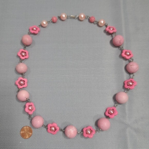 Vintage Handmade Women’s Necklace Pink Cotton Candy Natural Stones, Faux Pearls