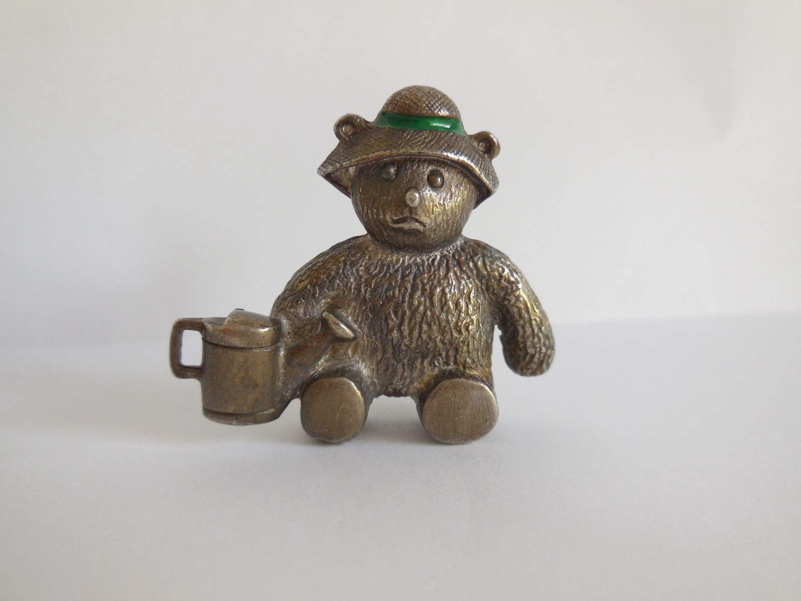 Vintage Pewter & Green Enamel Gardening Teddy Bear Pin Brooch