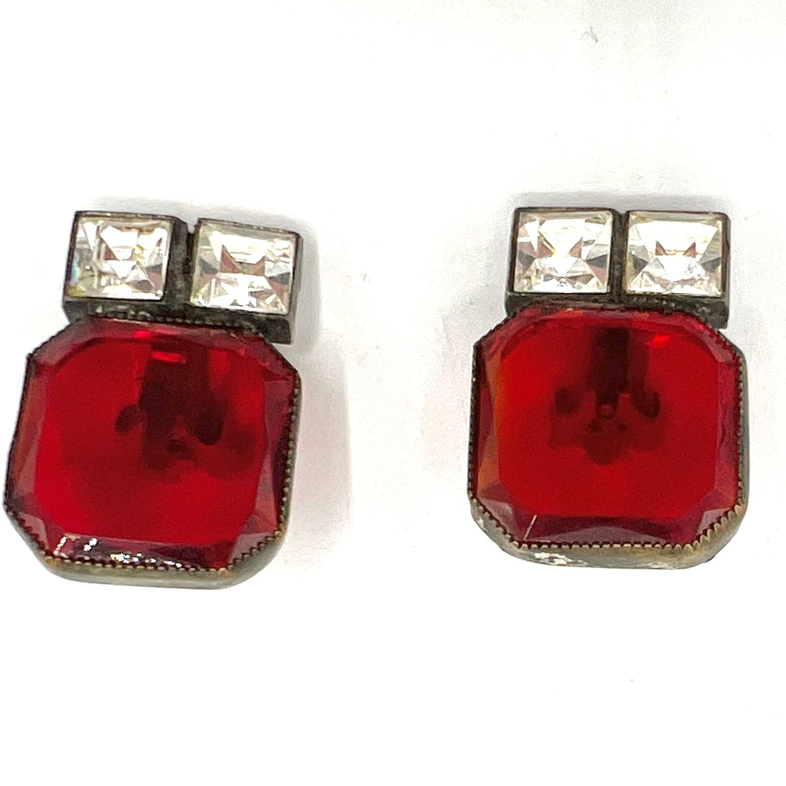 Vtg Art Deco Style Red Glass & Clear Crystal Clip-On Earrings Dramatic Geometric
