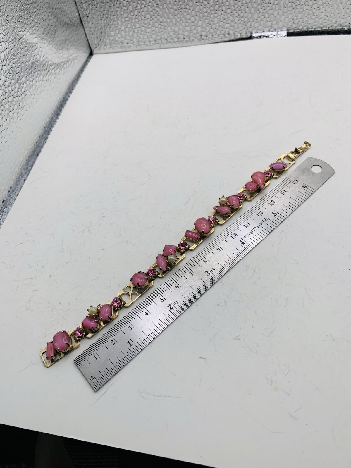 Vintage Pink Feminine Rhinestone Crystal Fancy Faux Pearl Gold Tone 7” Bracelet