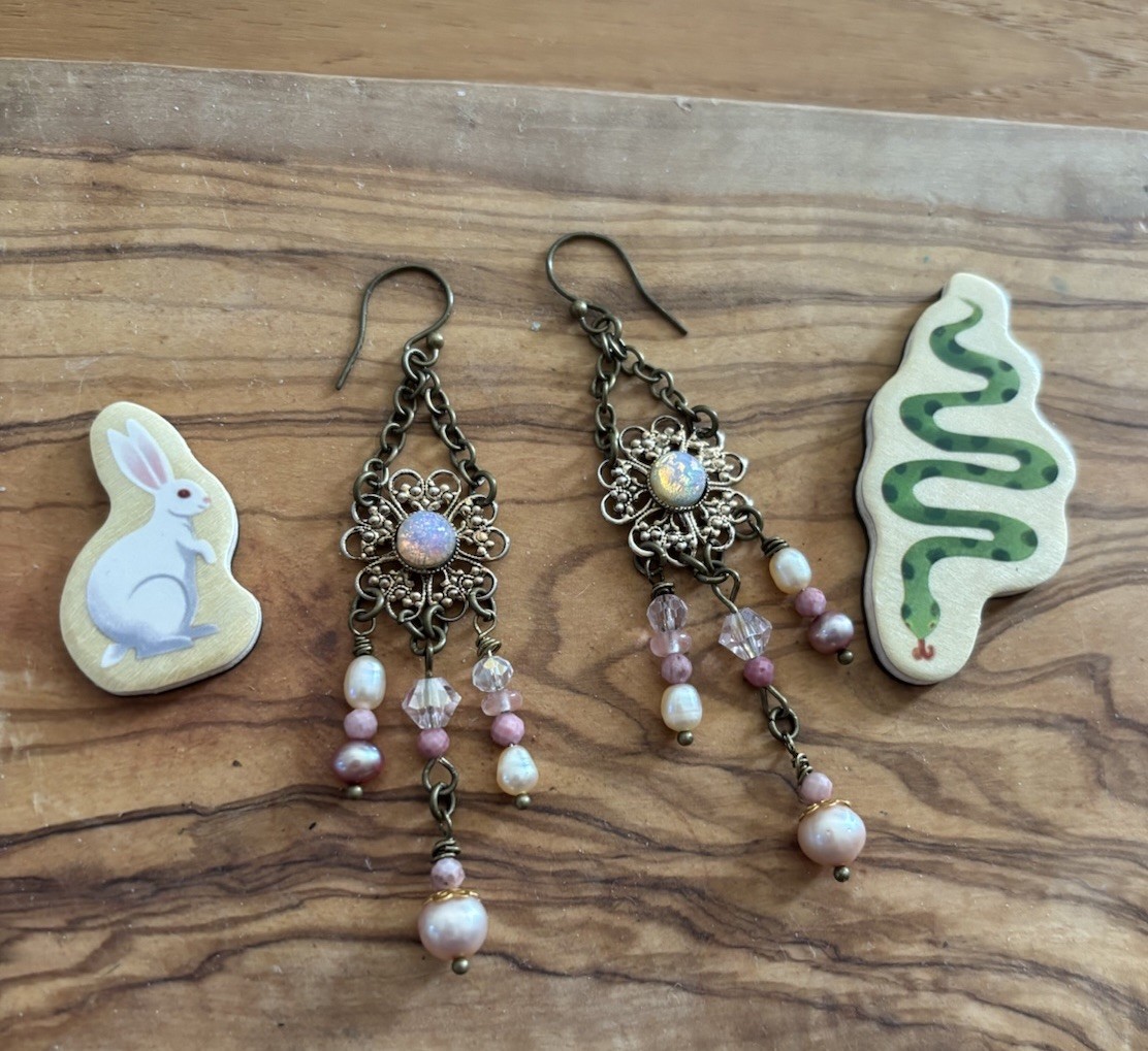 Vintage Boho Earrings Brass-Tone w/Opal-Glass on Alloy Filigree, Pearl+ danglers
