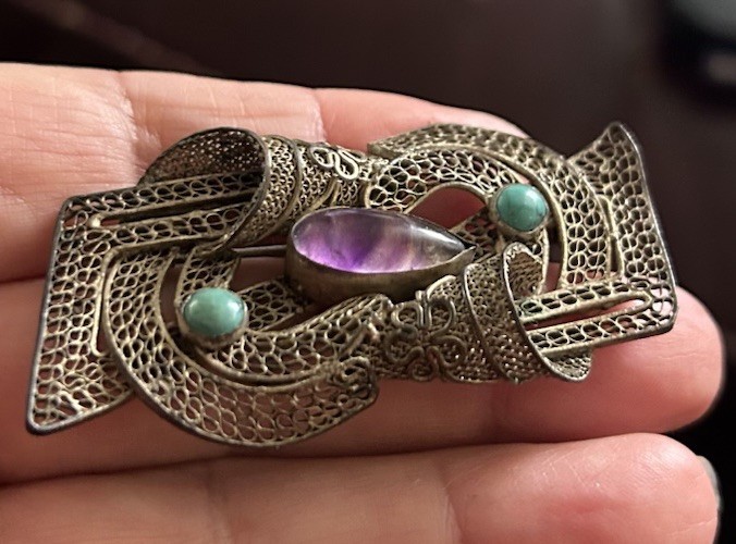 Antique Chinese Export Silver Filigree Amethyst Turquoise Floral Brooch Unusual