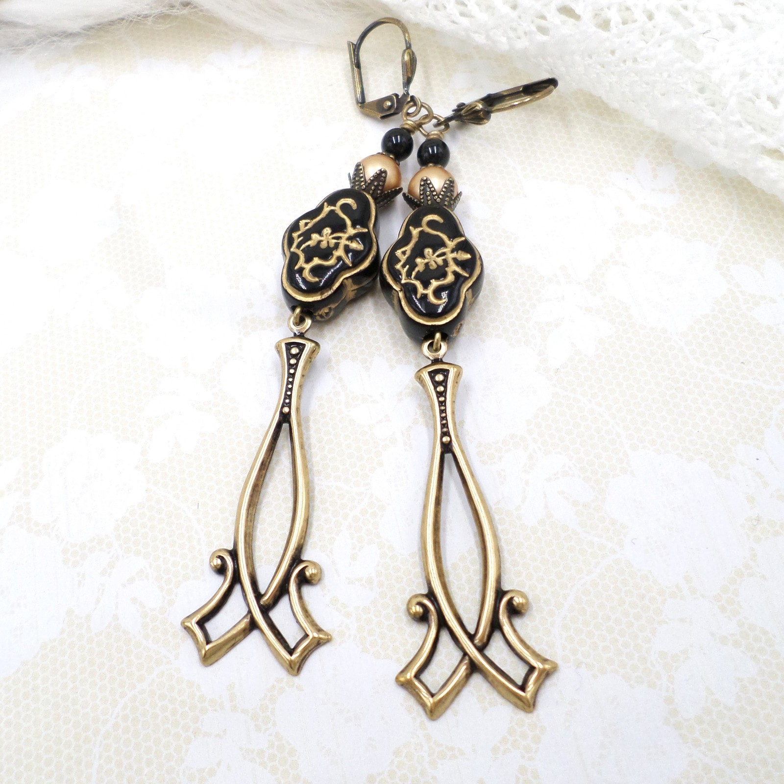 Antique Brass Dangle Earrings Black Gold Floral Acrylic Beaded Victorian Jewelry