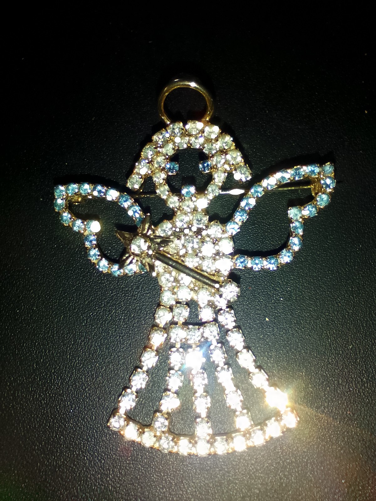 Vintage Angel Rhinestone Fringe Gold Tone Brooch Pin