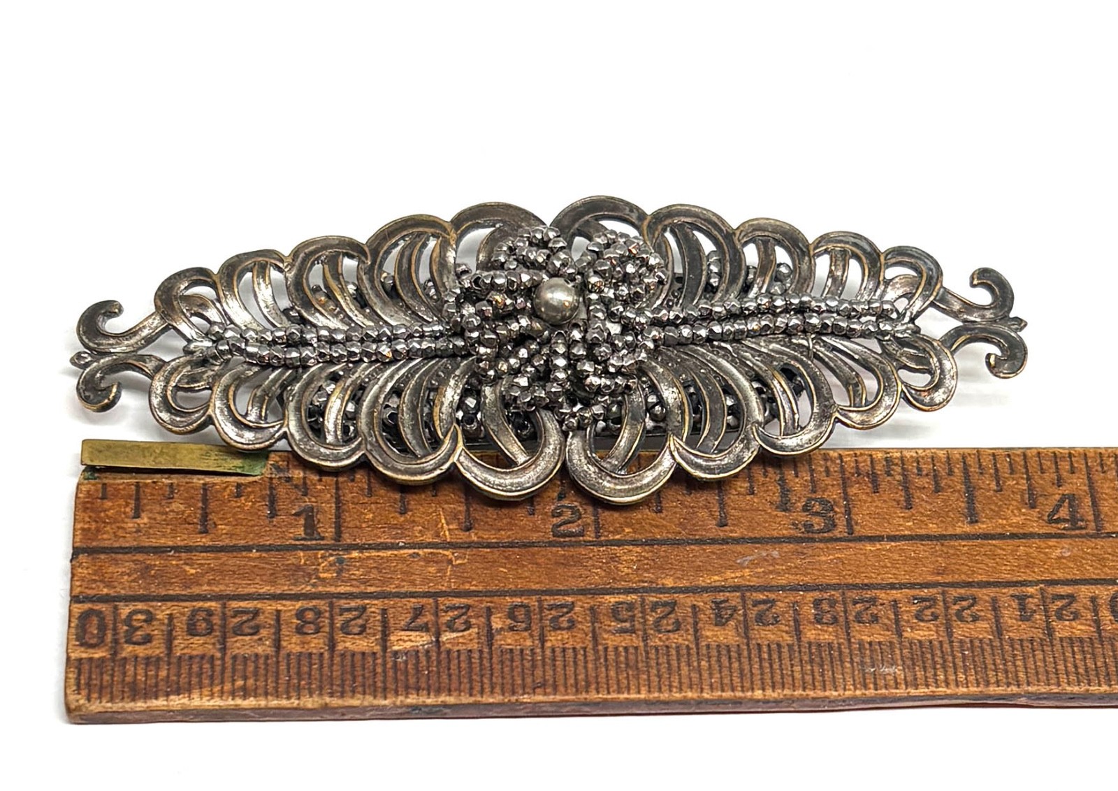 Unusual BIG Antique FRENCH? CUT STEEL & SILVER TONE FERN Brooch 1920s 1930s