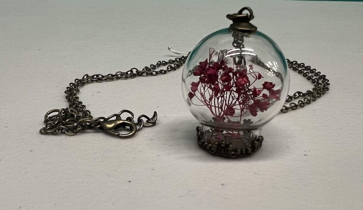 Vintage Necklace Glass Globe Urn 1” Pendant Metal Plant Branch Free Shipping