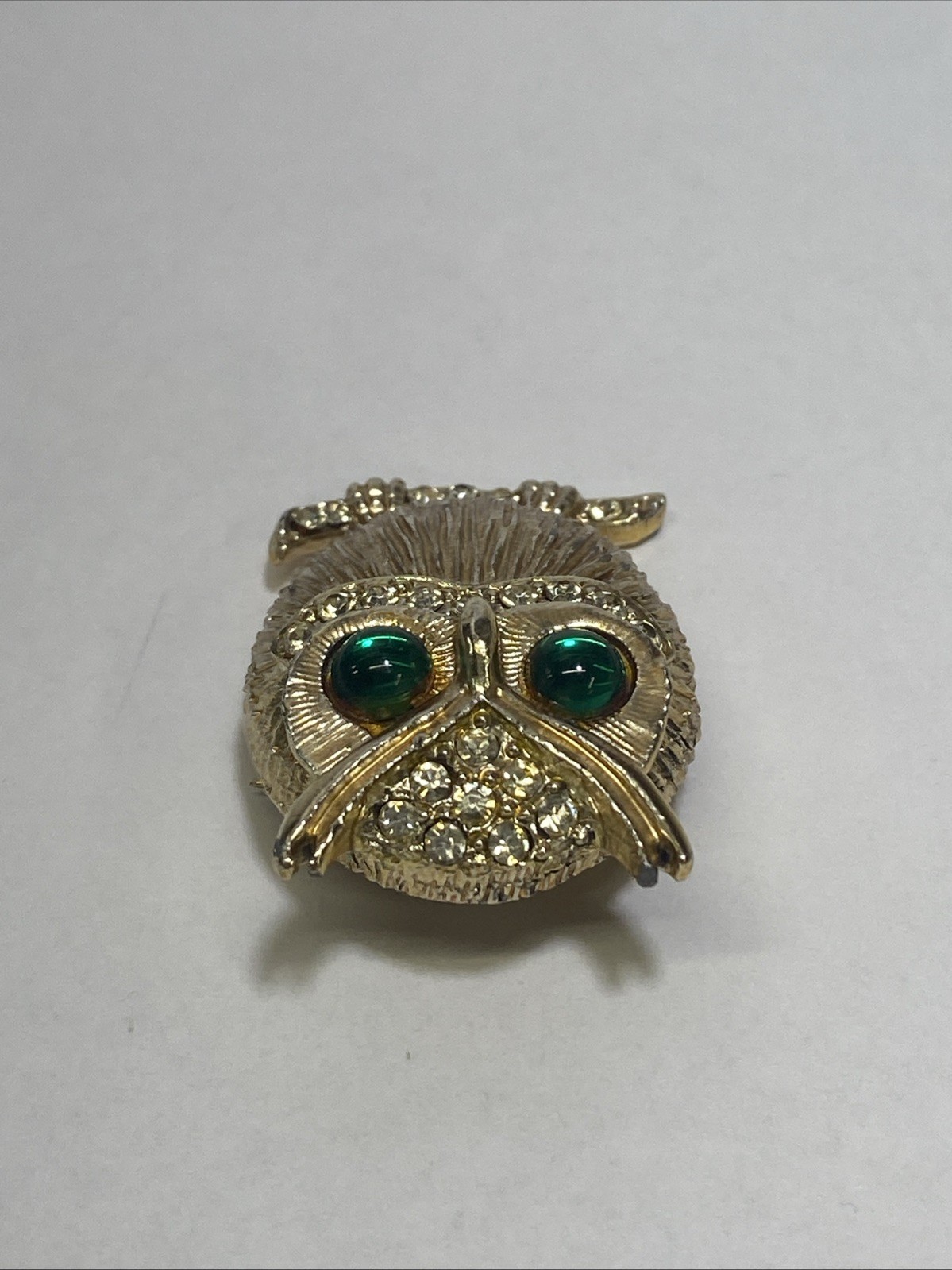 Vintage Gold-Tone Owl Brooch Pin with Green Glass Eyes Clear Rhinestone Accents