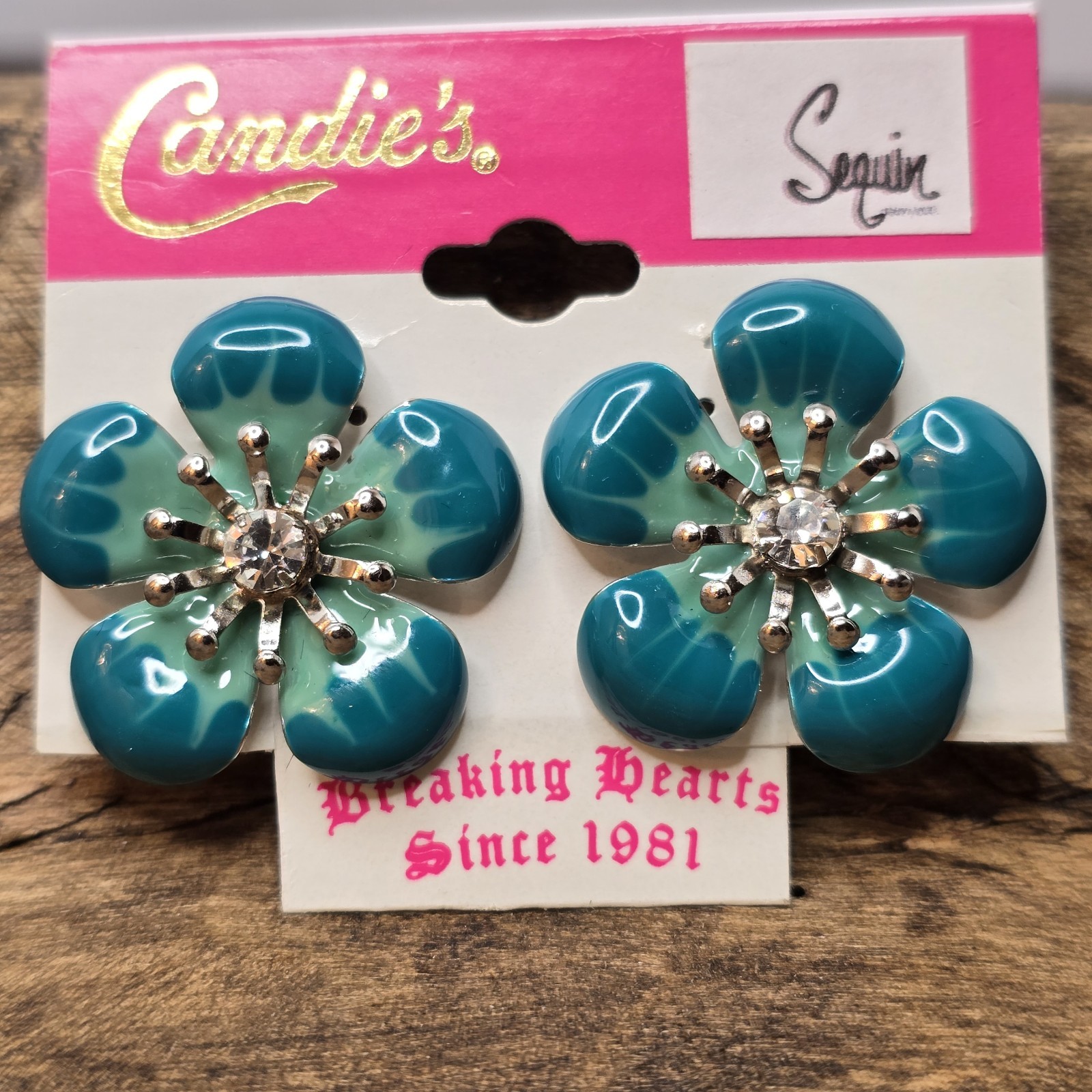 Vintage Blue Flower Stud Earrings Silver Tone Crystal Accent Candies 1980s #15