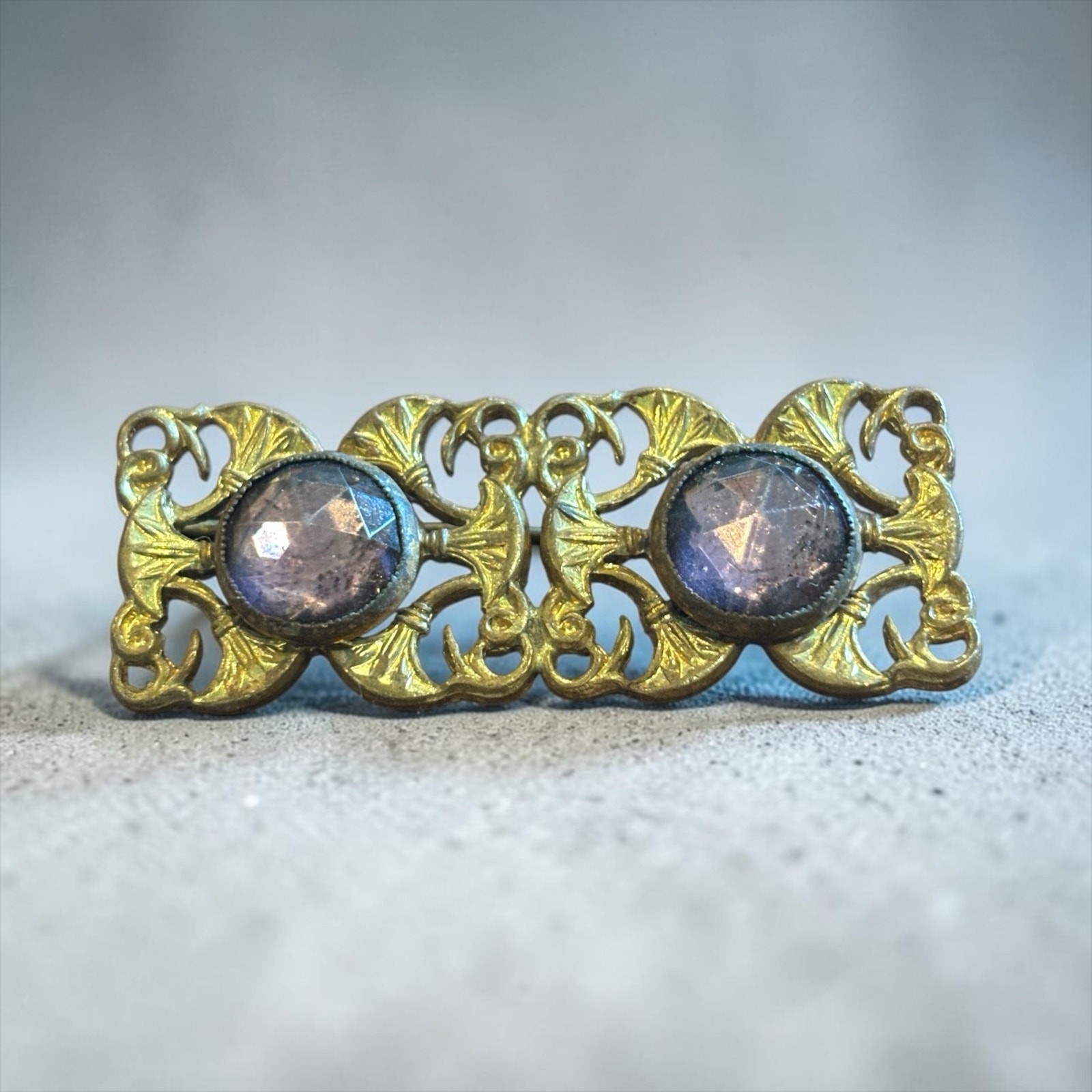 Vintage Art Nouveau Revival Brass Tone Brooch Purple Glass Cabochon Pin