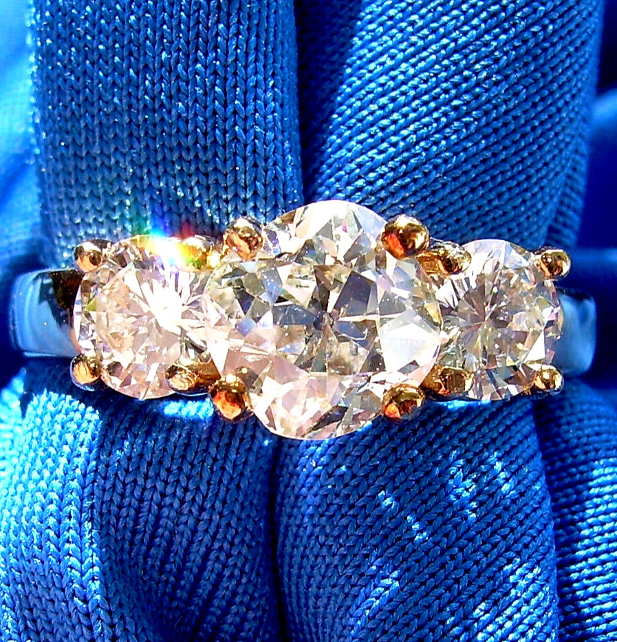 Original EARTH MINED DIAMOND Cushion cut Deco Engagement Ring 3 Stone 14K GOLD