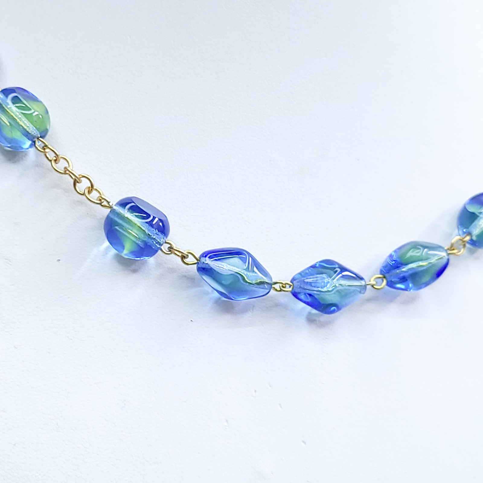 Uranium Necklace 18” Vaseline Blue Glass Czech Vintage Beads Women`s Jewelry