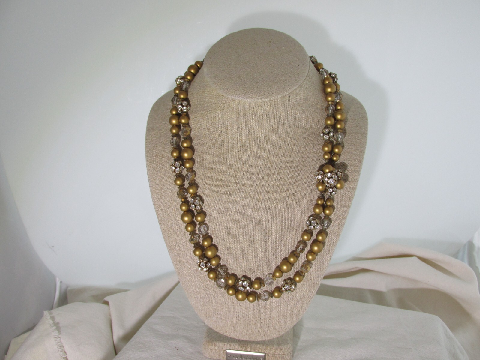 Vtg Necklace Matte Gold Beads Beaded Rhinestones Crystal Double Strand Ornate