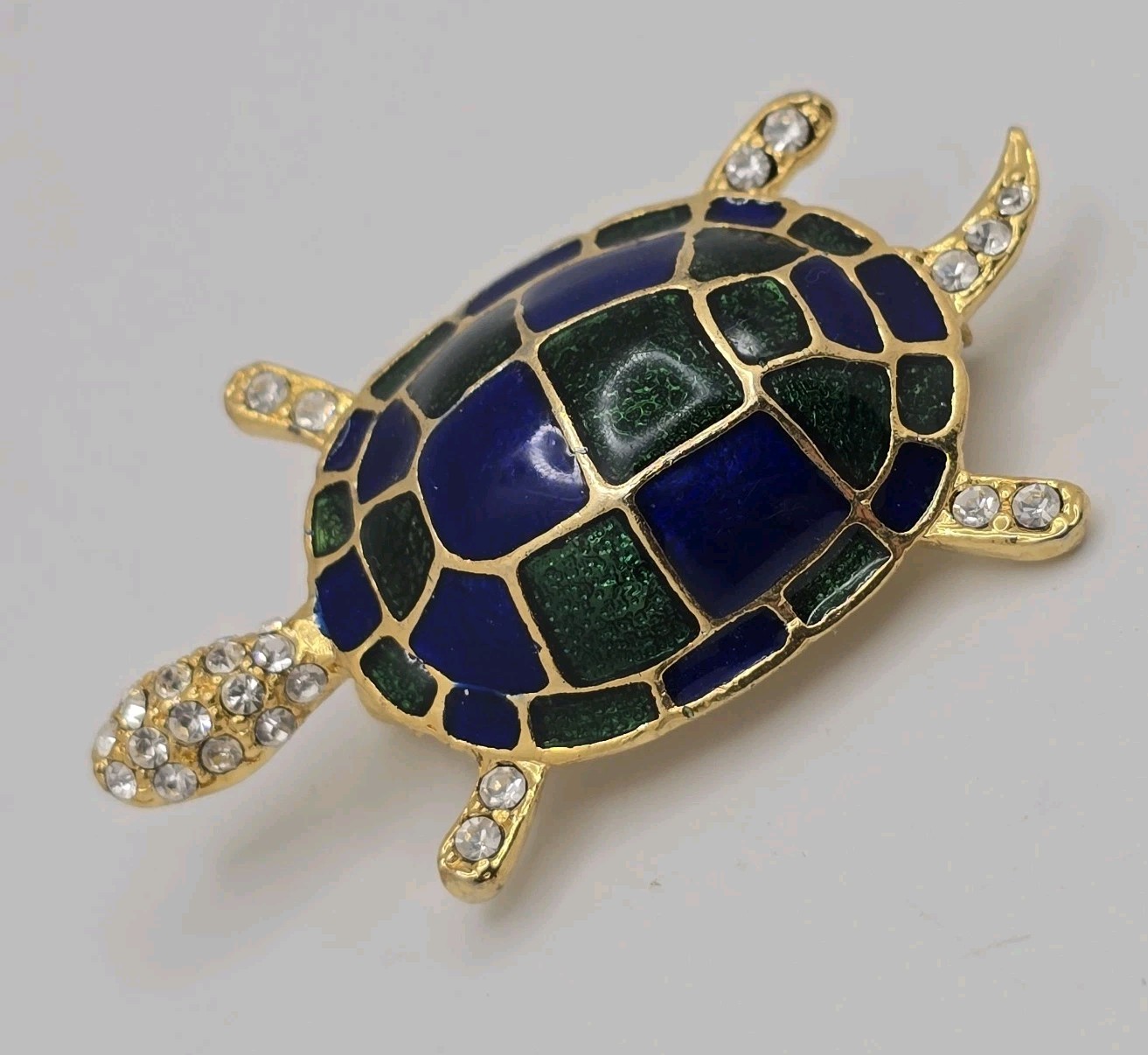 Vintage Turtle Brooch Pin Blue Green Enamel Gold Tone Clear Rhinestones