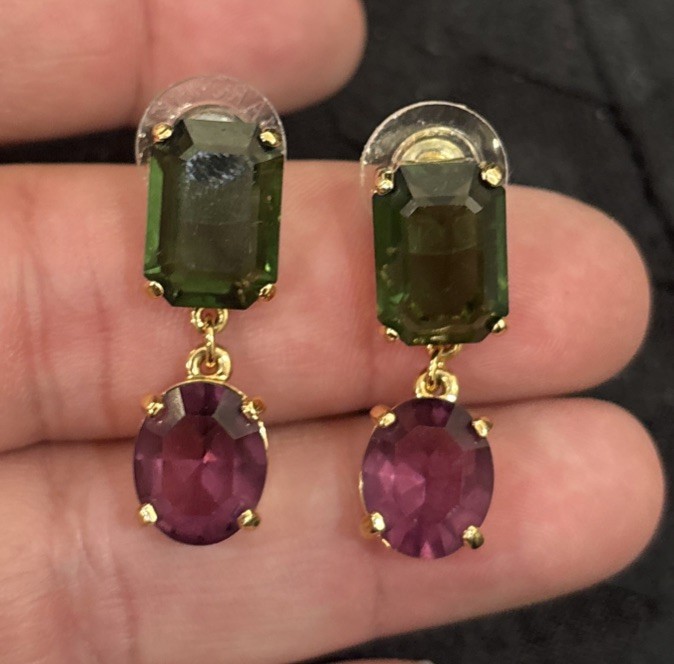 Swarovski Pierced Earrings Green & Purple Crystals Signed Dangle Fantastic
