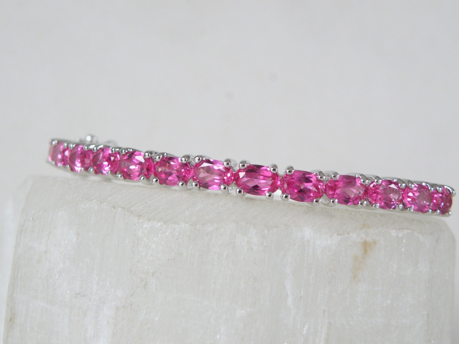 Vintage Sterling Silver 925 Lab Created Pink Sapphire Gemstone Bracelet 7.5″