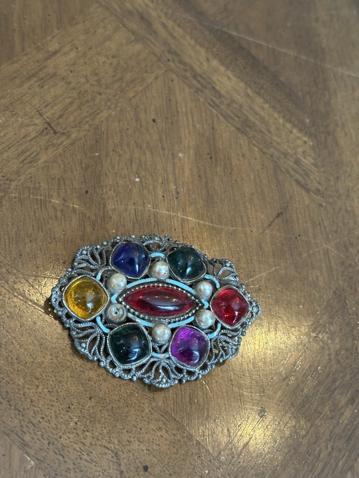 Vintage Czech? Multicolor Glass Cabochon Faux Pearl Brooch Pewter Tone Filigree!