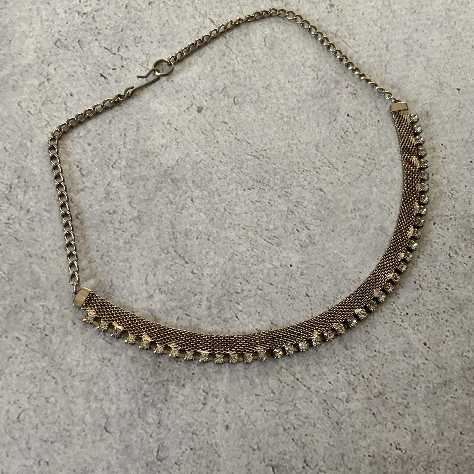 Vintage Rhinestone Mesh Choker Necklace Gold Tone Minimal Sparkle 50s