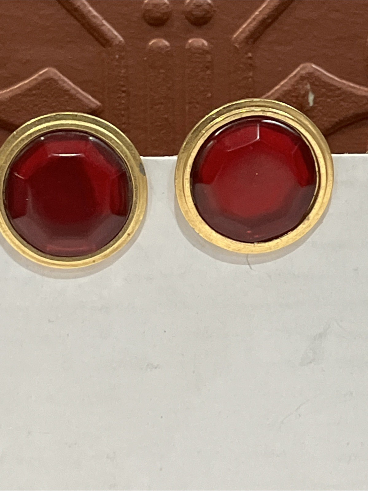 Vintage Yves Saint Laurent earrings Resin Ruby Stone Pierce Gold Tone Round