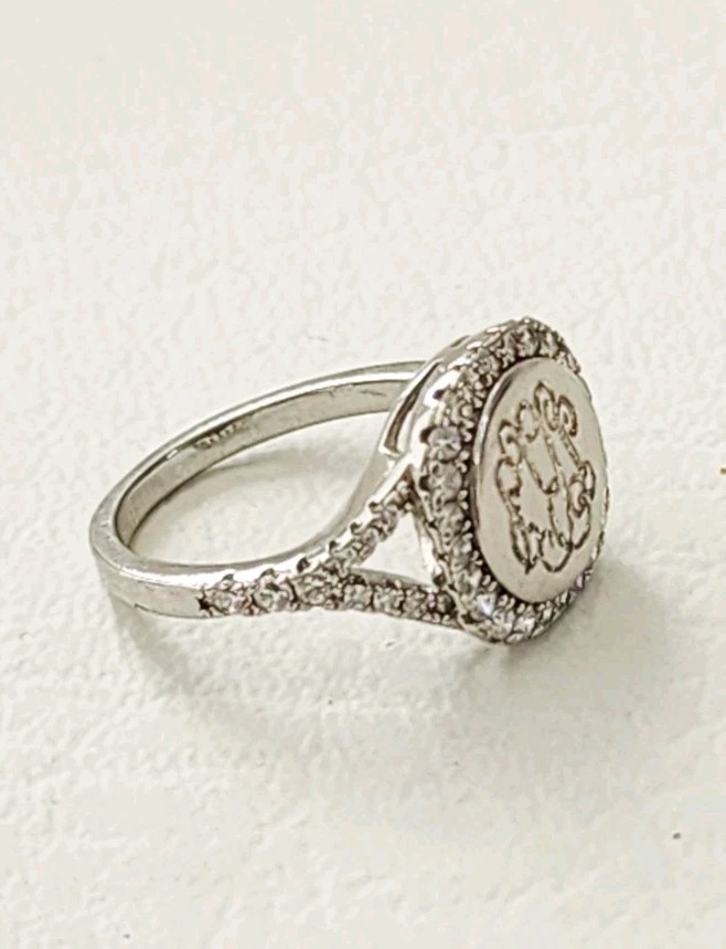 Signet Ring Sterling Silver 925 Monogram Pave Size 6