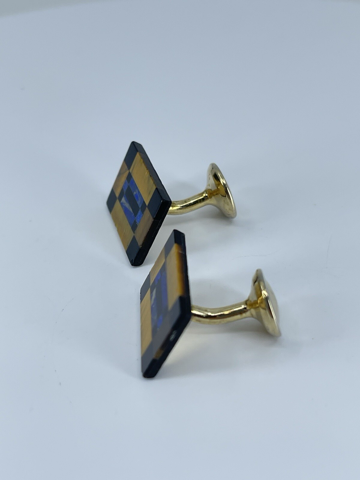 Vintage Onyx Lapis Tigers eye rectangle cufflinks polished gold tone fixed backs