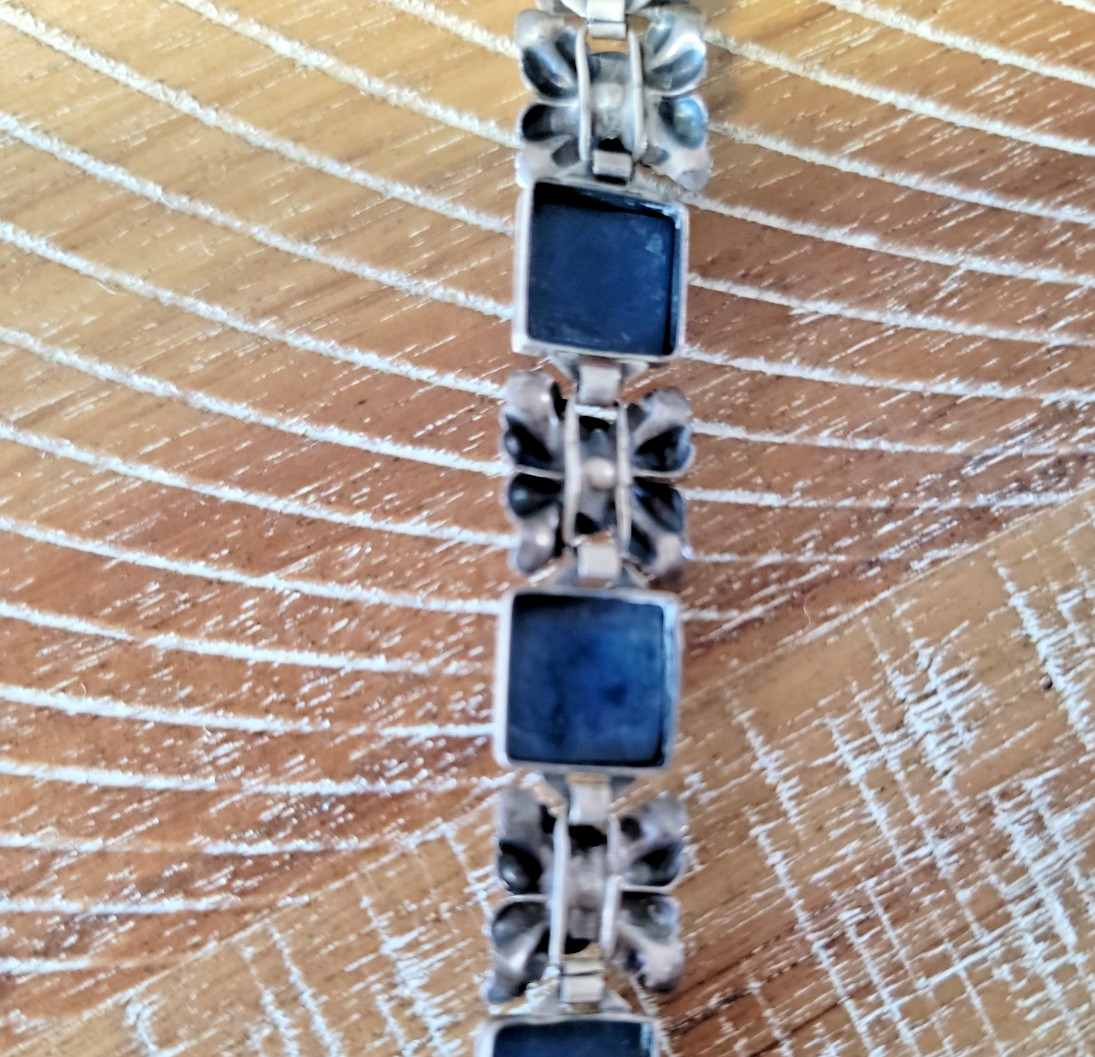 Antique Silver Cabbage Rose and Blue Link Bracelet