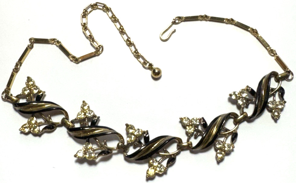 Vintage Jewelry Necklace Unsigned CORO Chain Black Enamel Rhinestones Gold 17