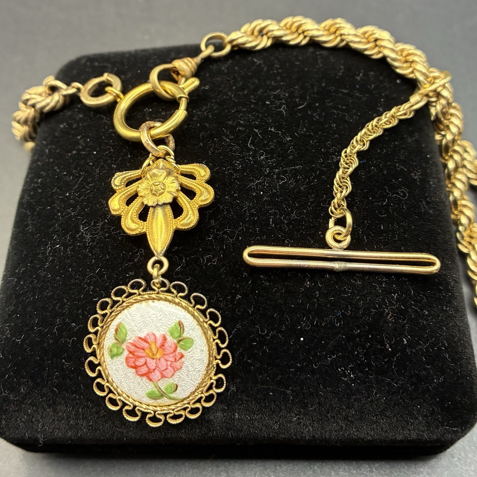 30g Vintage 12k Gold Filled Pocket Watch Chain FOB, Dog Clip T-Bar, GF Guilloche