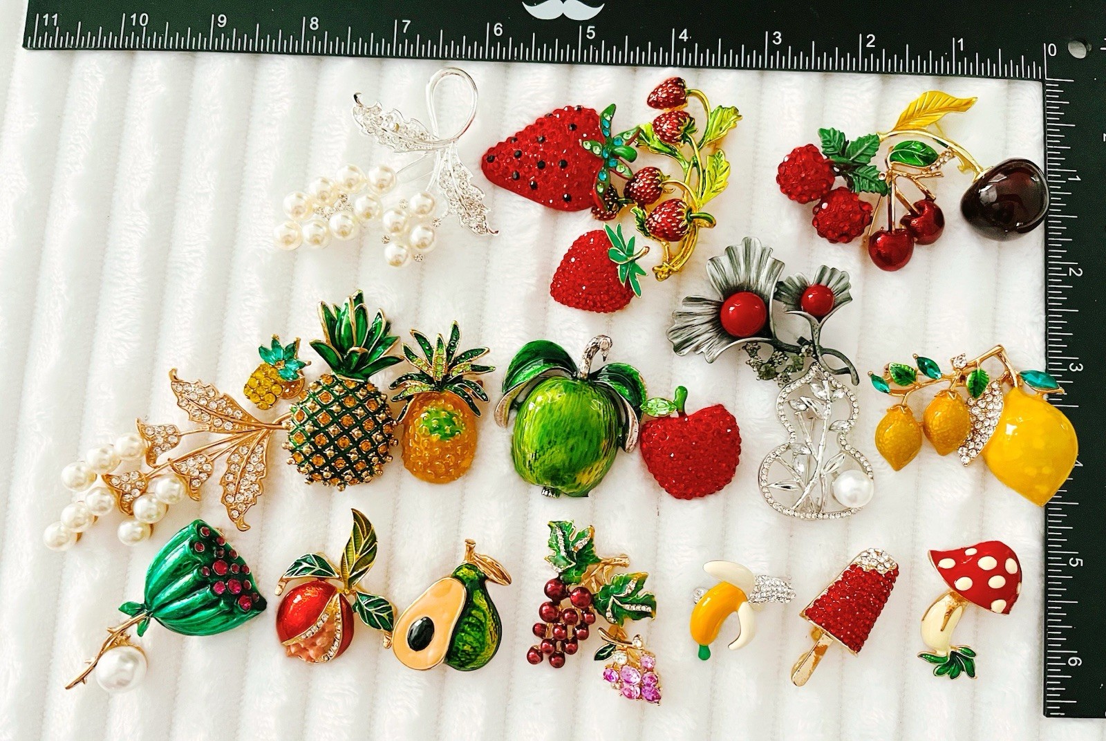 Fruit Brooch Lot 25 Enamel Rhinestone Pearl Strawberry Cherry Apple Pineapple