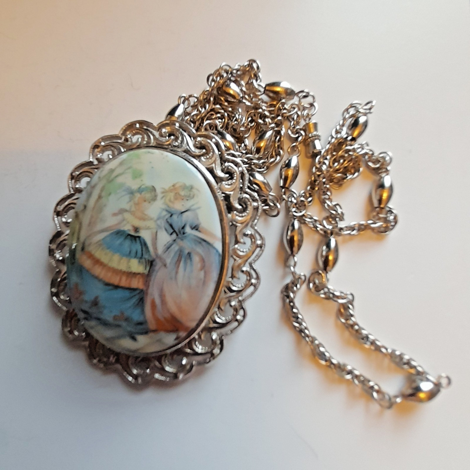 Vintage UNCAS 12K Gold Filled Pendant Necklace Hand Painted Porcelain 80cm Chain